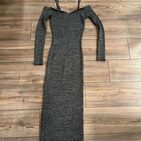 Open Edit Maxi Dress Women's Medium Black Ribbed Off The Shoulder Long Sleeve - Picture 6 of 6